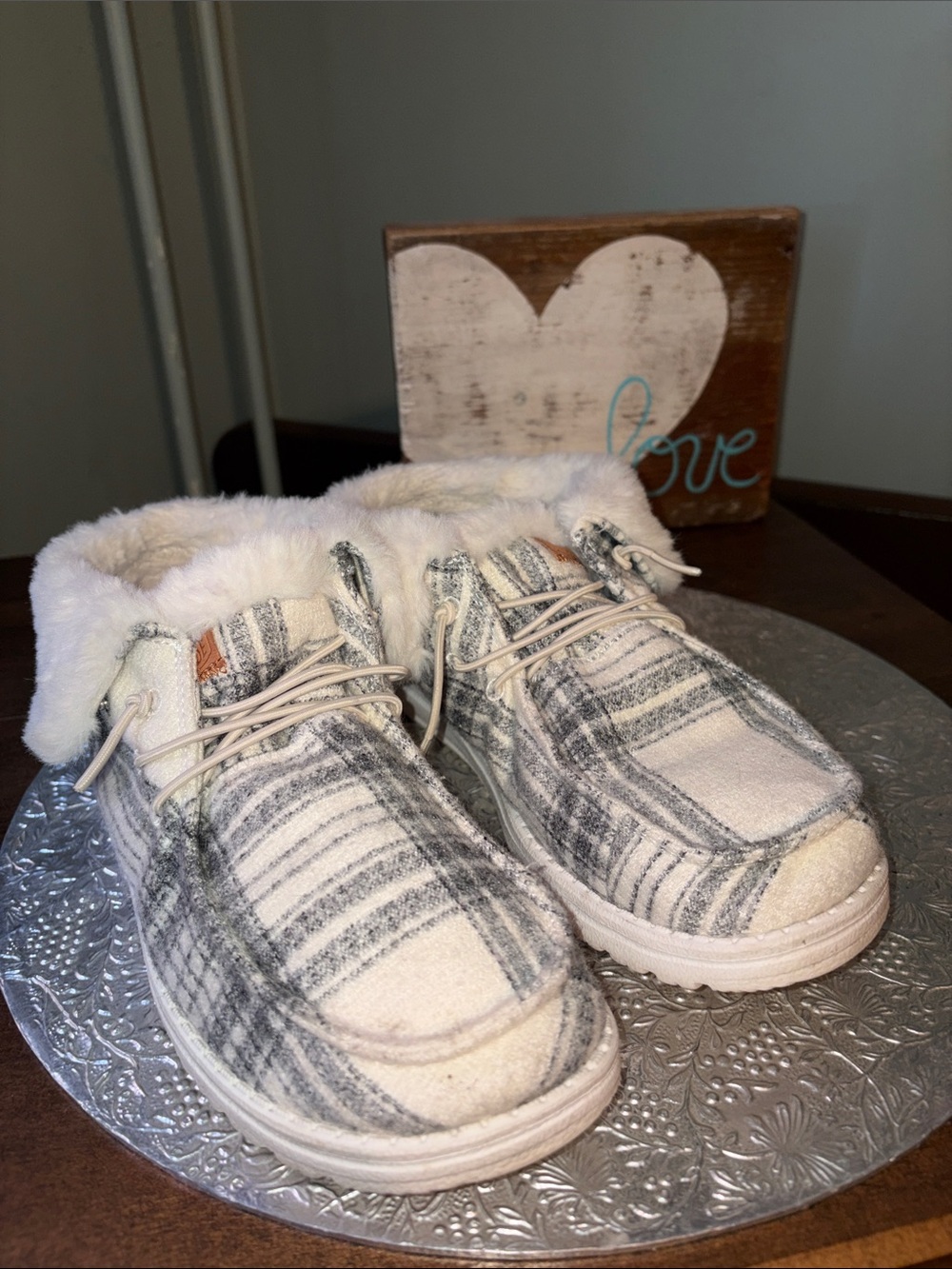 Hey Dude Plaid Fur-Lined High Tops - Cream & Gray
